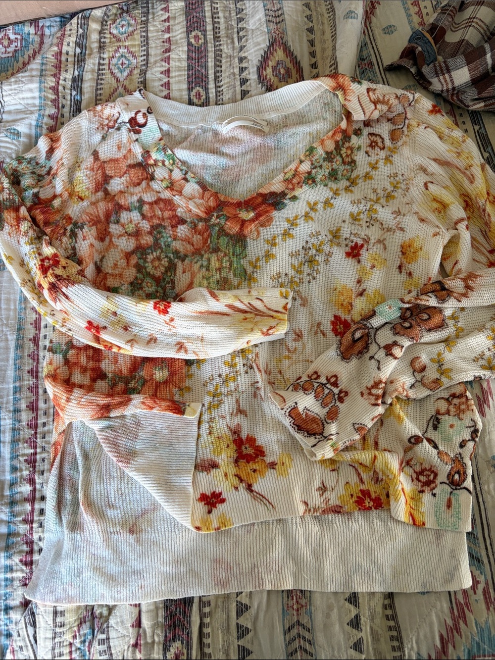Anthropologie Floral Long Sleeve Thermal Tee in Cream, Orange, Yellow